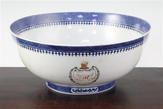 A Chinese export armorial punch bowl, c.1790, 25cm.